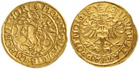 Worms, Stadt
Goldgulden 1618. Steigender Drache mit Schlüssel/Doppelkopfadler. 3,15 g.
sehr schön/vorzüglich, winz. Prüfspur am Rand