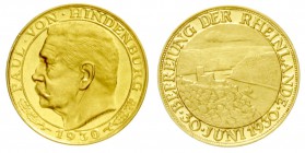 Deutsches Reich
Weimarer Republik 1918-1933
Goldmedaille v. Bernhart 1930, auf die Befreiung der Rheinlande. Kopf Hindenburgs n.l./Rhein mit Loreley...