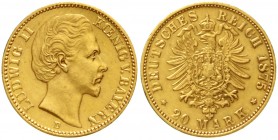 Bayern
Ludwig II., 1864-1886
20 Mark 1875 D. gutes sehr schön, min. Randfehler, sehr selten
