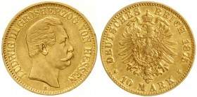 Hessen
Ludwig III., 1848-1877
10 Mark 1875 H. Var. mit offener Null in Wertzahl.
sehr schön, winz. Randfehler und min. gebogen