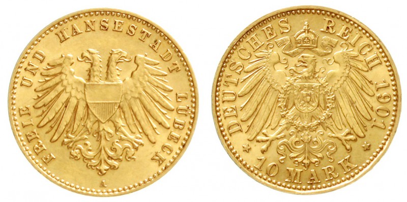 Lübeck
Freie und Hansestadt
10 Mark 1901 A. fast Stempelglanz, Prachtexemplar