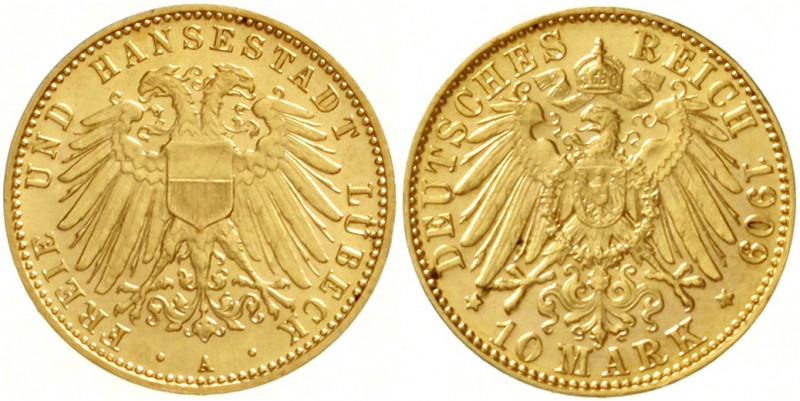 Lübeck
Freie und Hansestadt
10 Mark 1909 A. Wappen.
vorzüglich/Stempelglanz