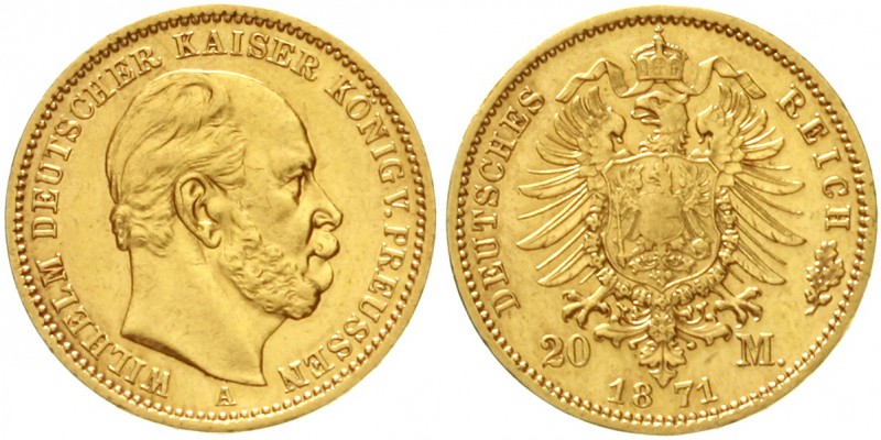Preußen
Wilhelm I., 1861-1888
20 Mark 1871 A. 1. Reichsmünze.
vorzüglich, sel...