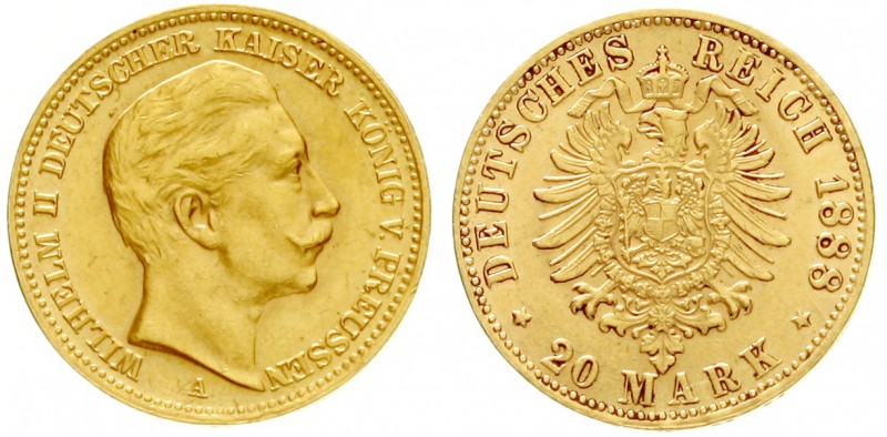 Preußen
Wilhelm II., 1888-1918
20 Mark 1888 A. 3 Kaiserjahr.
vorzüglich/Stemp...