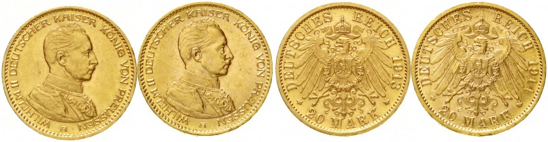 Preußen
Wilhelm II., 1888-1918
2 Stück: 20 Mark 1913 A und 1914 A. Kaiser in U...