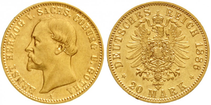 Sachsen/-Coburg-Gotha
Ernst II., 1844-1893
20 Mark 1886 A. vorzüglich, kl. Kra...