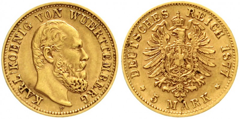 Württemberg
Karl, 1864-1891
5 Mark 1877 F. fast vorzüglich