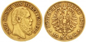 Württemberg
Karl, 1864-1891
10 Mark 1877 F gutes sehr schön