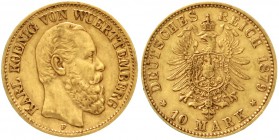 Württemberg
Karl, 1864-1891
10 Mark 1879 F. sehr schön