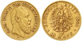 Württemberg
Karl, 1864-1891
10 Mark 1881 F. Besseres Jahr.
gutes sehr schön