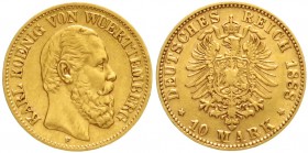 Württemberg
Karl, 1864-1891
10 Mark 1888 F. sehr schön