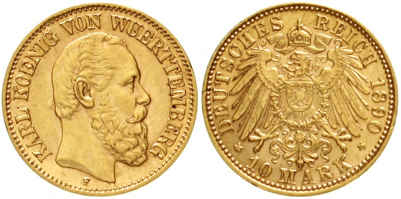 Württemberg
Karl, 1864-1891
10 Mark 1890 F. vorzüglich/Stempelglanz, selten in...