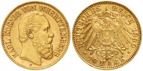 Württemberg
Karl, 1864-1891
10 Mark 1890 F. vorzüglich/Stempelglanz, selten in dieser Erhaltung