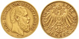 Württemberg
Karl, 1864-1891
10 Mark 1891 F. sehr schön