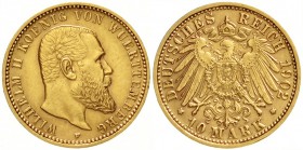 Württemberg
Wilhelm II., 1891-1918
10 Mark 1902 F. Besseres Jahr.
sehr schön/vorzüglich
