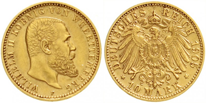Württemberg
Wilhelm II., 1891-1918
10 Mark 1905 F. vorzüglich, kl. Randfehler...