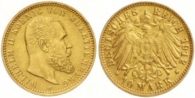 Württemberg
Wilhelm II., 1891-1918
10 Mark 1912 F. Besseres Jahr.
gutes vorzüglich, kl. Randfehler