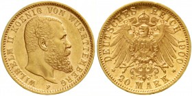 Württemberg
Wilhelm II., 1891-1918
20 Mark 1900 F. vorzüglich aus EA, kl. Randfehler