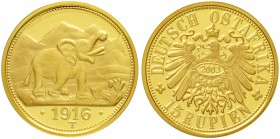 Deutsch-Ostafrika
Notmünzen aus Tabora, 1916
Neuprägung zum 15 Rupien-Stück 1916 T, Elefant. (2003) 3,56 g. 585/1000.
Polierte Platte