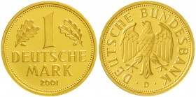 DM
Goldmark (Deutsche Bundesbank), 2001
2001 D. 12 g. Feingold. Im Set mit der 1 DM Kursmünze 1950 F (ss). Im Etui mit Zertifikat.
Stempelglanz