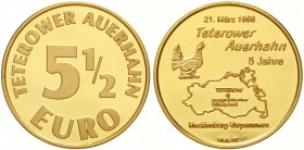 Euro
Euro-Vorläufer
Teterow 5 1/2 Euro 1998, 15,04 g. 585/1000 (gepunzt), Teterower Auerhahn. Auflage nur 20 Ex. Das Gold-Stück ist im Stein nicht g...