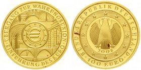 Euro
Gedenkmünzen, ab 2002
100 Euro 2002 F, Währungsunion. 1/2 Unze Feingold. In Originalschatulle mit Zertifikat.
Stempelglanz