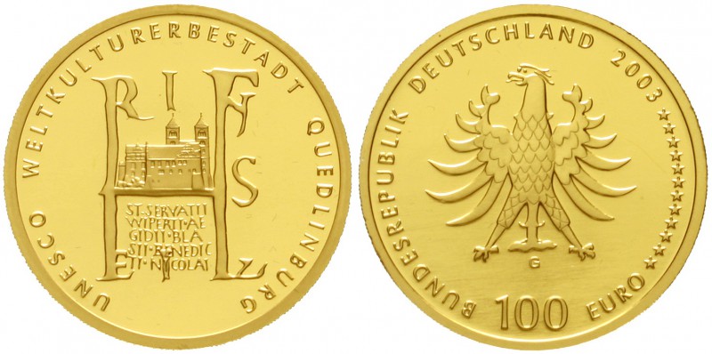 Euro
Gedenkmünzen, ab 2002
100 Euro 2003 G, Quedlinburg. 1/2 Unze Feingold. In...