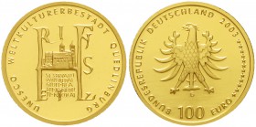 Euro
Gedenkmünzen, ab 2002
100 Euro 2003 G, Quedlinburg. 1/2 Unze Feingold. In Originalschatulle mit Zertifikat.
Stempelglanz