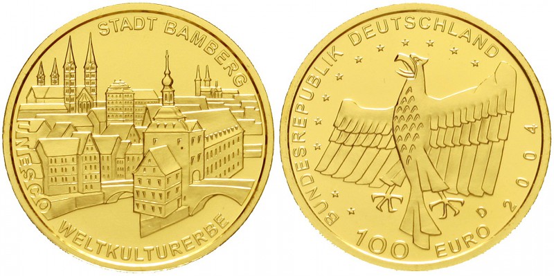 Euro
Gedenkmünzen, ab 2002
100 Euro 2004 D, Bamberg. 1/2 Unze Feingold. In Ori...