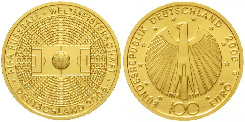 Euro
Gedenkmünzen, ab 2002
100 Euro 2005 D, zur Fussball-WM 2006. 1/2 Unze Fei...