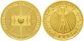 Euro
Gedenkmünzen, ab 2002
100 Euro 2005 D, zur Fussball-WM 2006. 1/2 Unze Feingold. In Originalschatulle mit Zertifikat.
Stempelglanz