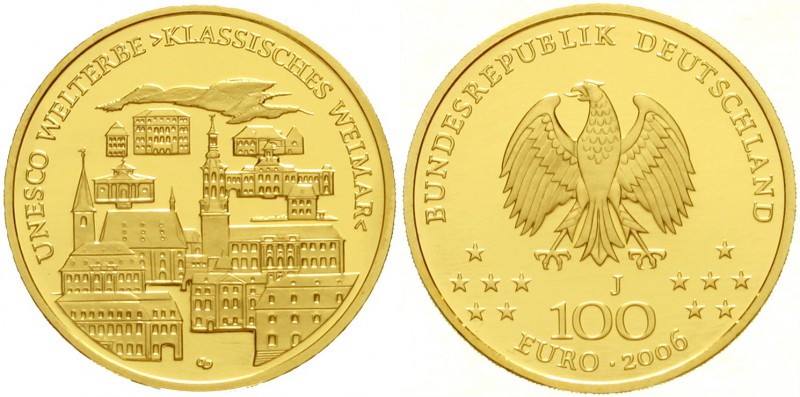 Euro
Gedenkmünzen, ab 2002
100 Euro 2006 J, Weimar. 1/2 Unze Feingold. In Orig...
