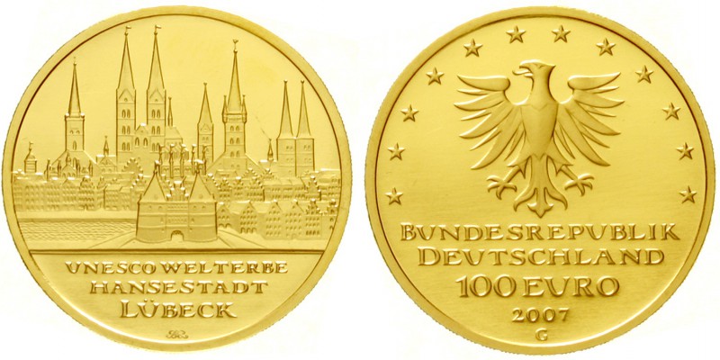 Euro
Gedenkmünzen, ab 2002
100 Euro 2007 G, Lübeck. 1/2 Unze Feingold. In Orig...