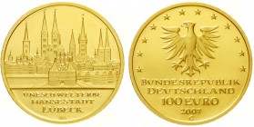 Euro
Gedenkmünzen, ab 2002
100 Euro 2007 G, Lübeck. 1/2 Unze Feingold. In Originalschatulle mit Zertifikat.
Stempelglanz