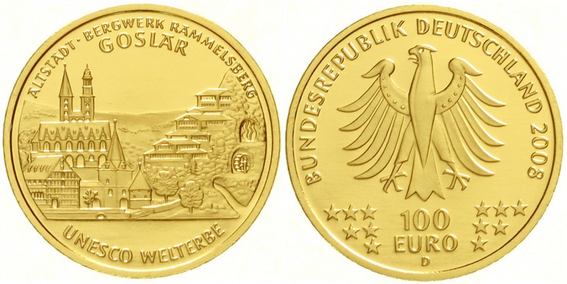 Euro
Gedenkmünzen, ab 2002
100 Euro 2008 D, Goslar. 1/2 Unze Feingold. In Orig...