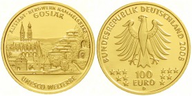 Euro
Gedenkmünzen, ab 2002
100 Euro 2008 D, Goslar. 1/2 Unze Feingold. In Originalschatulle mit Zertifikat.
Stempelglanz