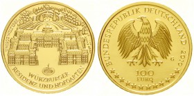 Euro
Gedenkmünzen, ab 2002
100 Euro 2010 G, Würzburg. 1/2 Unze Feingold. In Originalschatulle mit Zertifikat.
Stempelglanz
