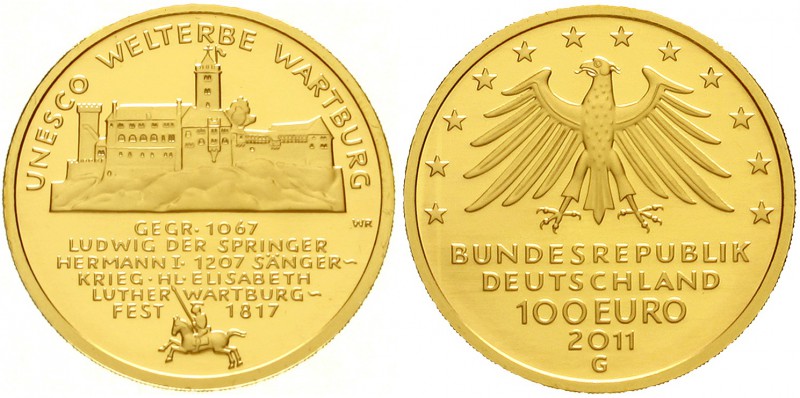 Euro
Gedenkmünzen, ab 2002
100 Euro 2011 G, Wartburg. 1/2 Unze Feingold. In Or...