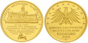 Euro
Gedenkmünzen, ab 2002
100 Euro 2011 G, Wartburg. 1/2 Unze Feingold. In Originalschatulle mit Zertifikat.
Stempelglanz