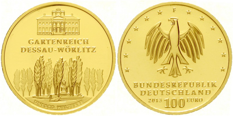 Euro
Gedenkmünzen, ab 2002
100 Euro 2013 F, Dessau-Wörlitz. 1/2 Unze Feingold....