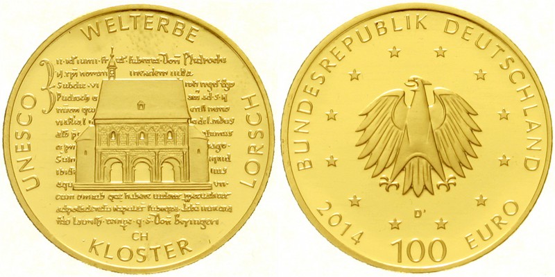 Euro
Gedenkmünzen, ab 2002
100 Euro 2014 D, Kloster Lorsch. 1/2 Unze Feingold....
