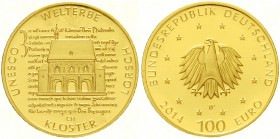 Euro
Gedenkmünzen, ab 2002
100 Euro 2014 D, Kloster Lorsch. 1/2 Unze Feingold. In Originalschatulle mit Zertifikat.
Stempelglanz