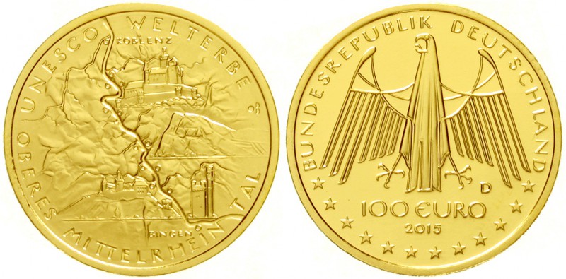 Euro
Gedenkmünzen, ab 2002
100 Euro 2015 D, Oberes Mittelrheintal. 1/2 Unze Fe...