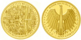 Euro
Gedenkmünzen, ab 2002
100 Euro 2016 A, Altstadt Regensburg. 1/2 Unze Feingold. In Originalschatulle mit Zertifikat.
Stempelglanz