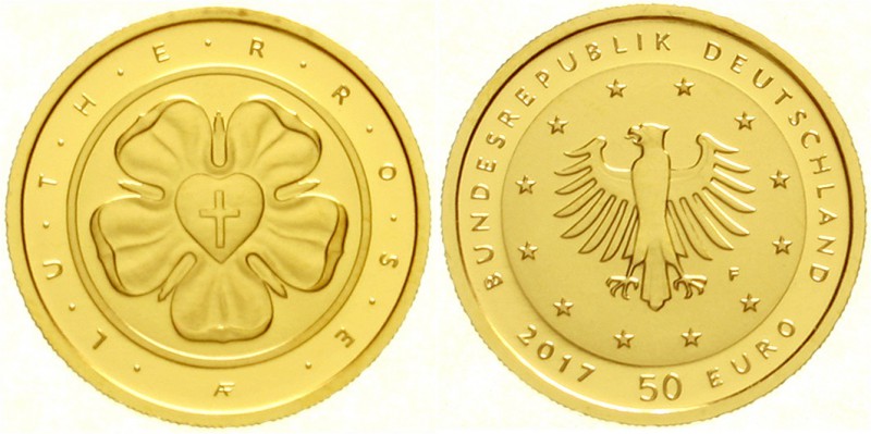 Euro
Gedenkmünzen, ab 2002
50 Euro 2017 F, Lutherrose. 1/4 Unze Feingold. In O...
