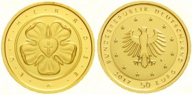Euro
Gedenkmünzen, ab 2002
50 Euro 2017 F, Lutherrose. 1/4 Unze Feingold. In Originalschatulle mit Zertifikat.
Stempelglanz