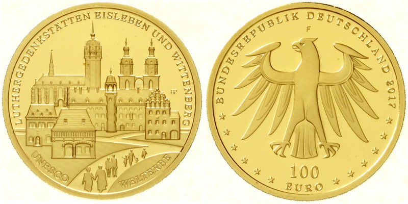 Euro
Gedenkmünzen, ab 2002
100 Euro 2017 F, Luther Gedenstätten. 1/2 Unze Fein...
