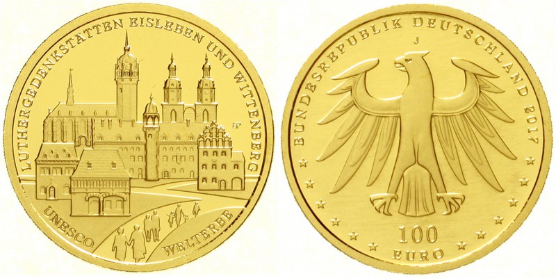 Euro
Gedenkmünzen, ab 2002
100 Euro 2017 J, Luther Gedenstätten. 1/2 Unze Fein...