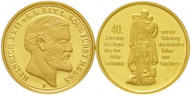 2 gekennzeichnete Nachprägungen, gefertigt 2003, von deutschen Goldmünzen in kleinerem Format.. 20 Mark Reuß 1875 und Gold-Probe DDR 1985 Sieg über de...