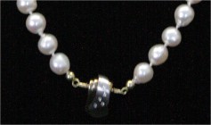 Colliers und Halsketten
Perlencollier, Verschluss Gelbgold/Weißgold 585 mit 5 kleinen Brillanten. 46 Perlen im Durchmesser je ca. 7 mm. Länge 44 cm; ...